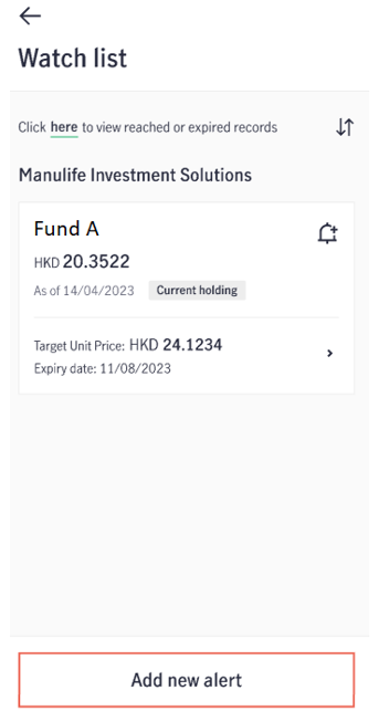 How to Set Investment Choice Fund Price Target Alert for Manulife Investment Solutions Step 3 View Target Entry