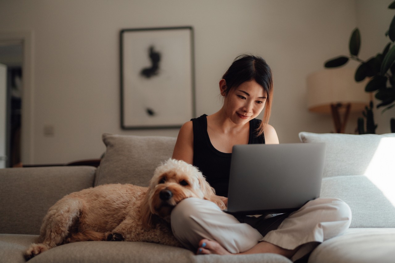 Young Asian woman working from home with laptop while her cute dog leaning on her lap. Work-life balance and wellness concept.