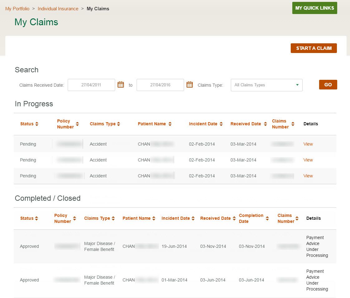 Claims Submissions and Enquiries Step 2 Check Individual Insurance Claims Details