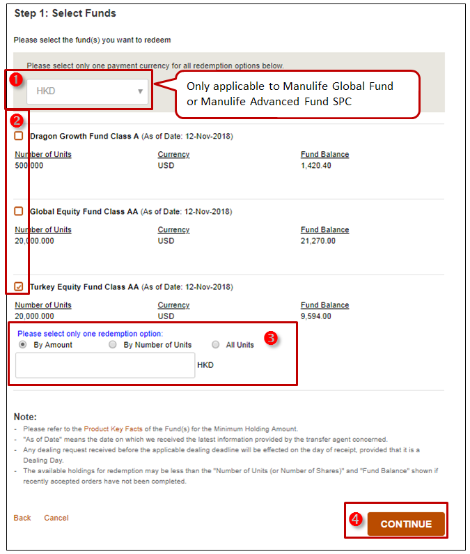 Manulife Online Redemption for Mutual Funds and Unit Trusts Step 5 Select Funds