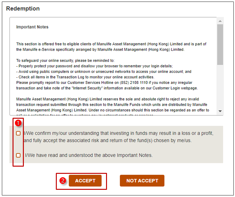 Manulife Online Redemption for Mutual Funds and Unit Trusts Step 4 Read and Accept Important Notes