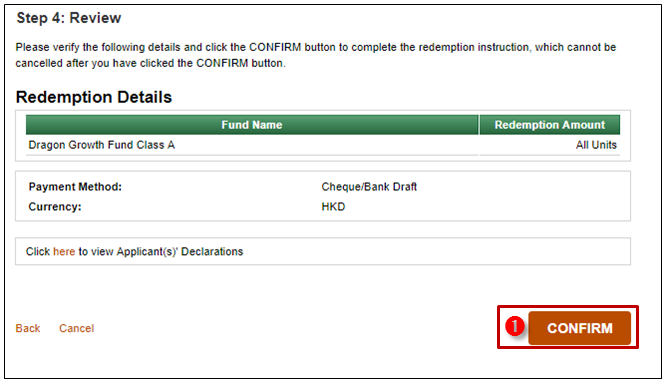 Manulife Online Redemption for Mutual Funds and Unit Trusts Step 8 Review and Confirm Redemption Details