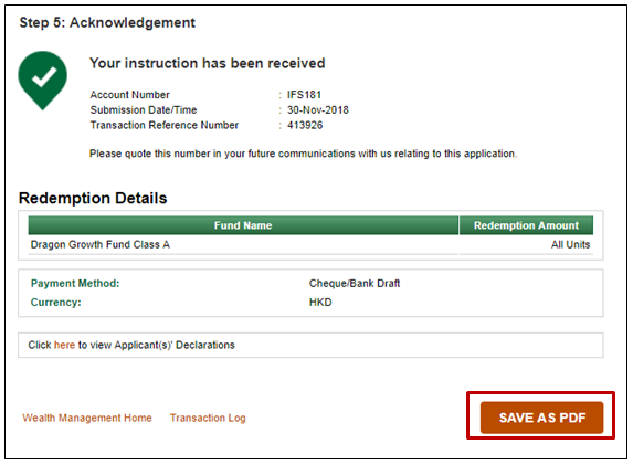 Manulife Online Redemption for Mutual Funds and Unit Trusts Step 9 Acknowledge and Save as PDF