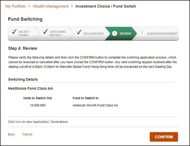 Switching Existing Investment Choice Funds for Mutual Funds and Unit Trusts Step 9 Review Details and Confirm