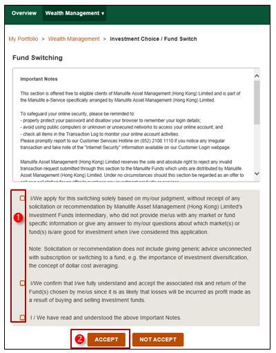 Switching Existing Investment Choice Funds for Mutual Funds and Unit Trusts Step 4 Read and Accept Important Notes