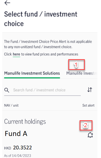 How to Set Investment Choice Fund Price Target Alert for Manulife Investment Solutions Step 3 View Target Entry