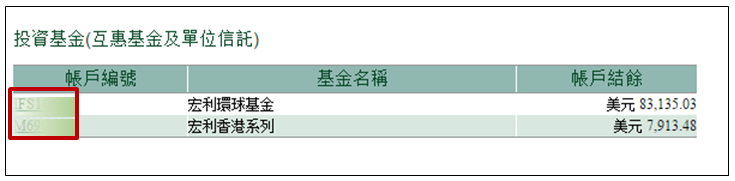 宏利網上贖回互惠基金及單位信託步驟2 選擇投資基金帳戶