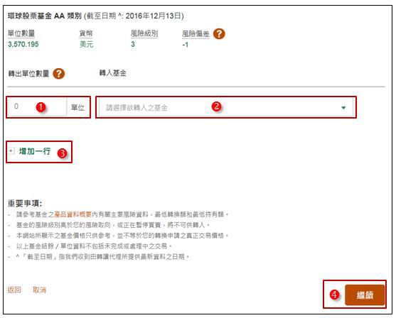 轉換現有投資選項及基金互惠基金及單位信託步驟7 轉出股份數量及選擇欲轉入之基金